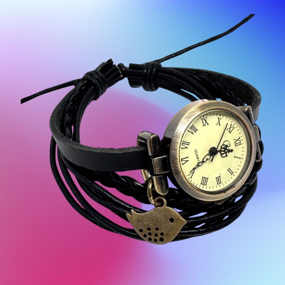 Black Wrap Ladies Women's Watch Wrap with Cute Bird Charm #1187 - Picture 8 of 8